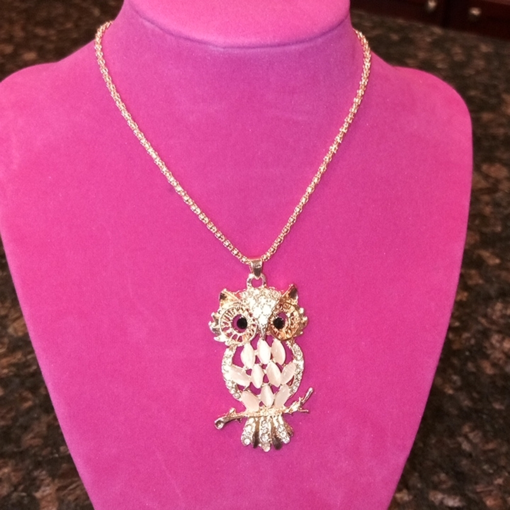 Rose Gold Opal Owl Long Necklace - Picture 2 of 3